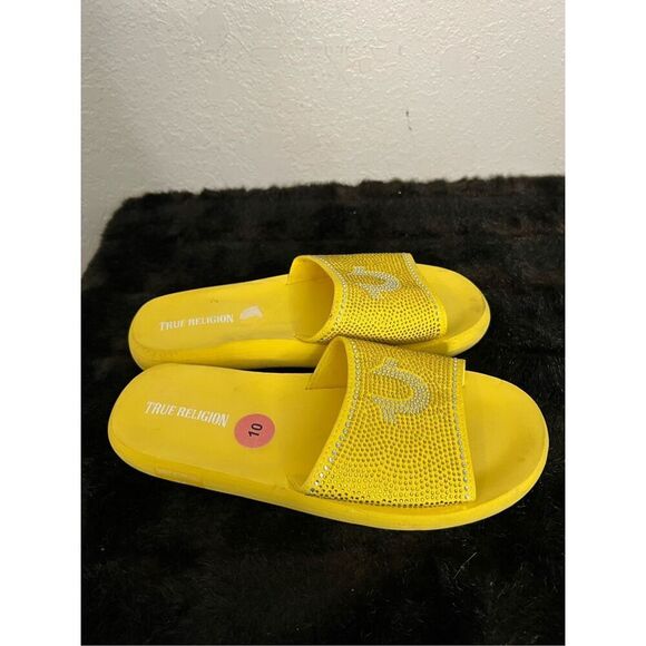 Bedazzled yellow sunshine true religion slide sandals 10 - Picture 1 of 5